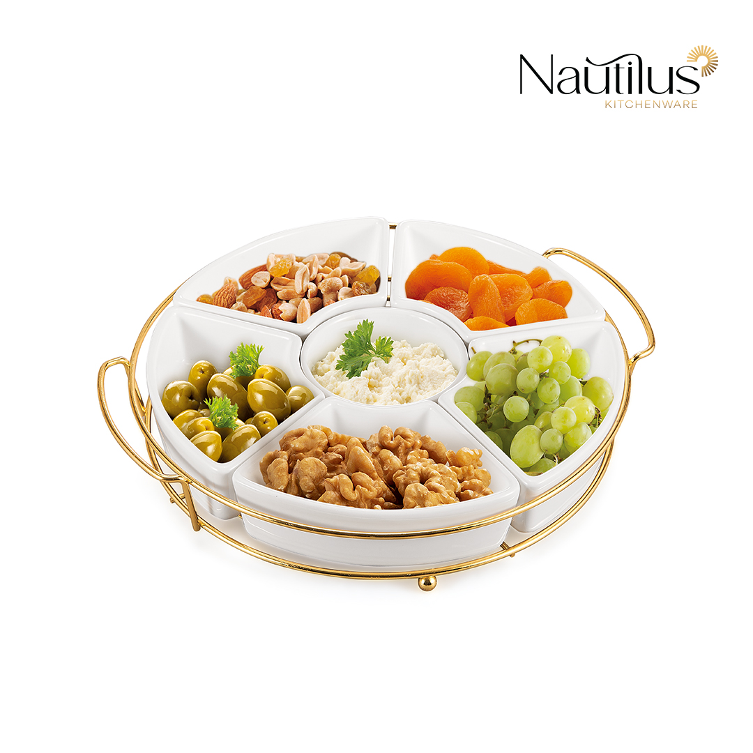 CERAMIC TABLEWARE-6PCS SERVING SET WITH GOLD STAND 